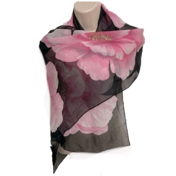 LIANG DIAN Black with Pink Flowers Lightweight Scarf Wrap 60 x 19 inches - Picture 1 of 12